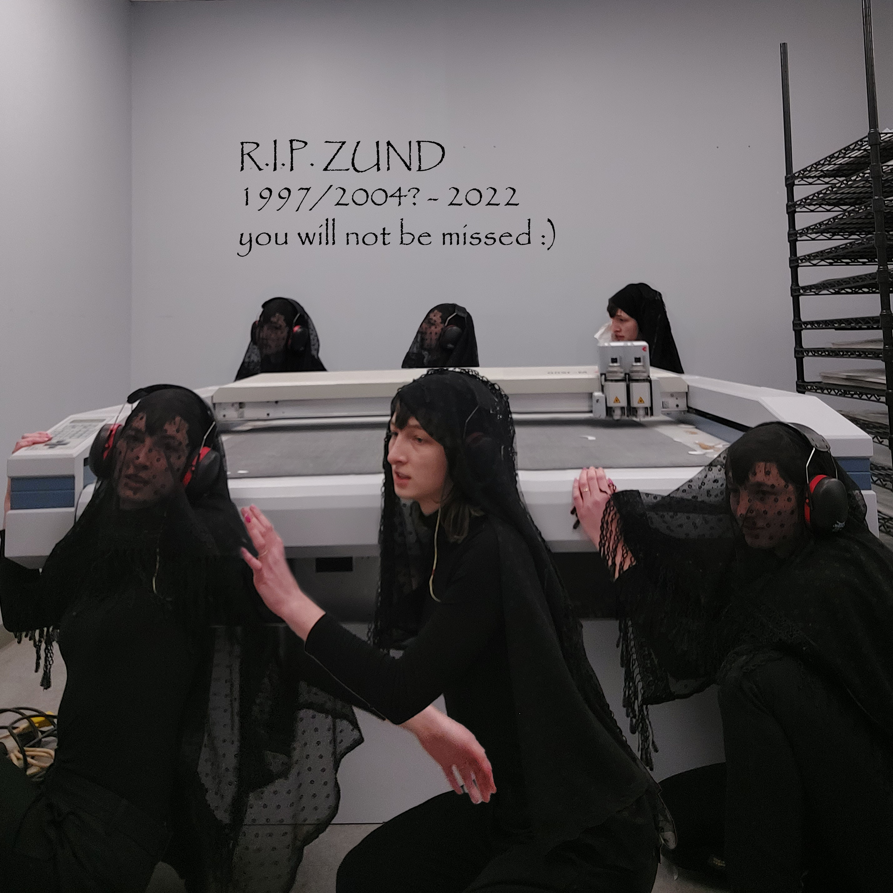 My Zund table had a rapid demise, but I always enjoy finding the humour in a situation. Here having a little photo shoot to commemorate the times we've had, making a mourning veil and wearing the ear protection I wore around the table in operation since the vacuum was so loud. I posed six times around it to simulate carrying a casket at a funeral. My records had conflicting information on when the table was 'born'